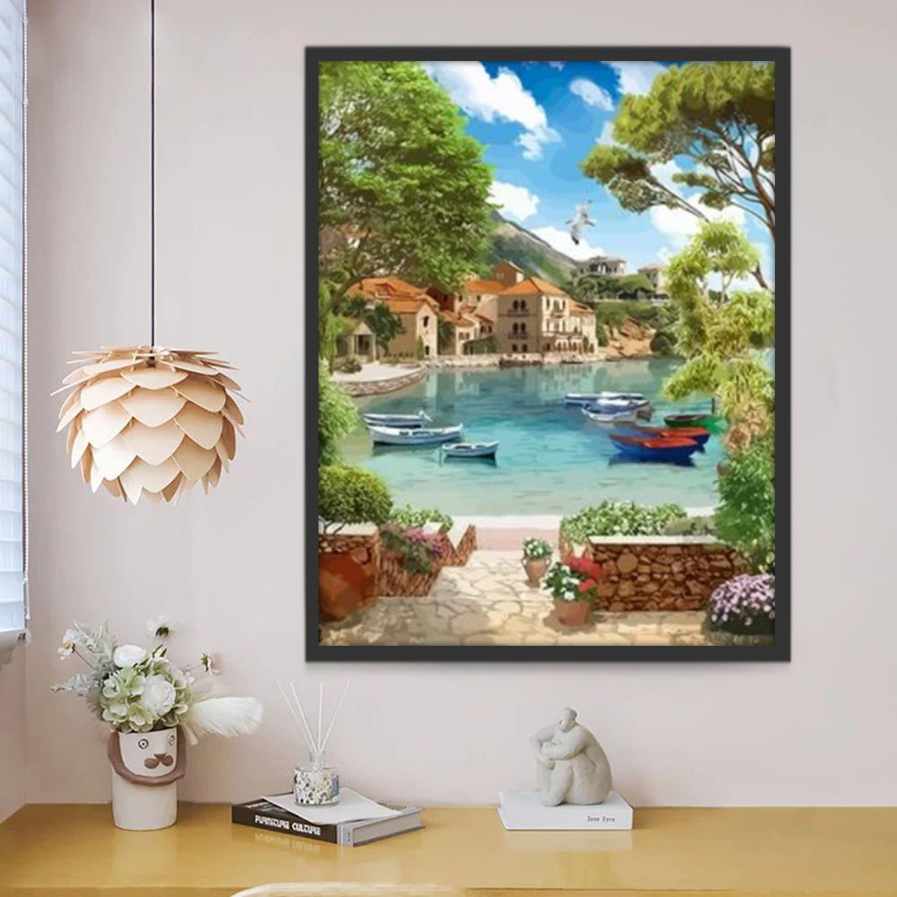 Pueblo y Barcos y Mar Azul Pintar por Números