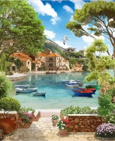 Pueblo y Barcos y Mar Azul Pintar por Números