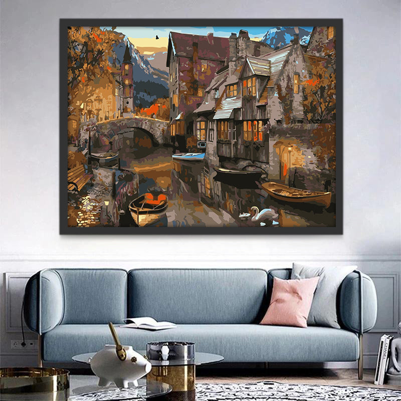 Pueblo y Río al Atardecer Pintar por Números
