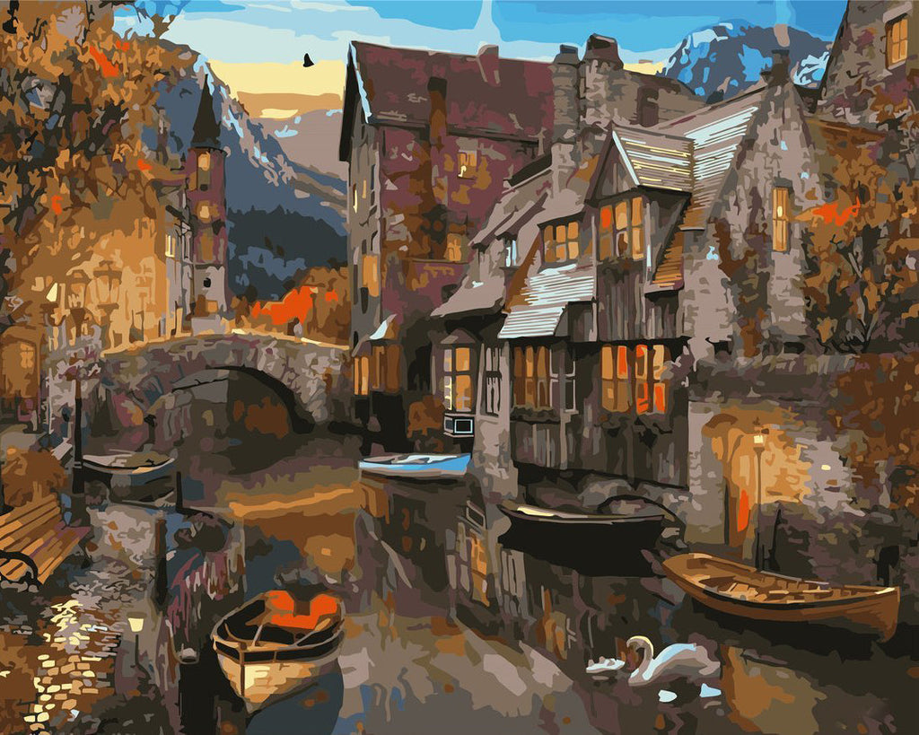 Pueblo y Río al Atardecer Pintar por Números