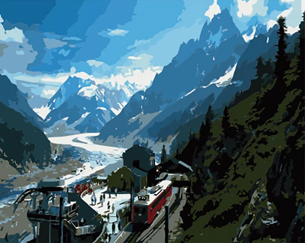 Pueblo y Tren entre las Montañas Pintar por Números