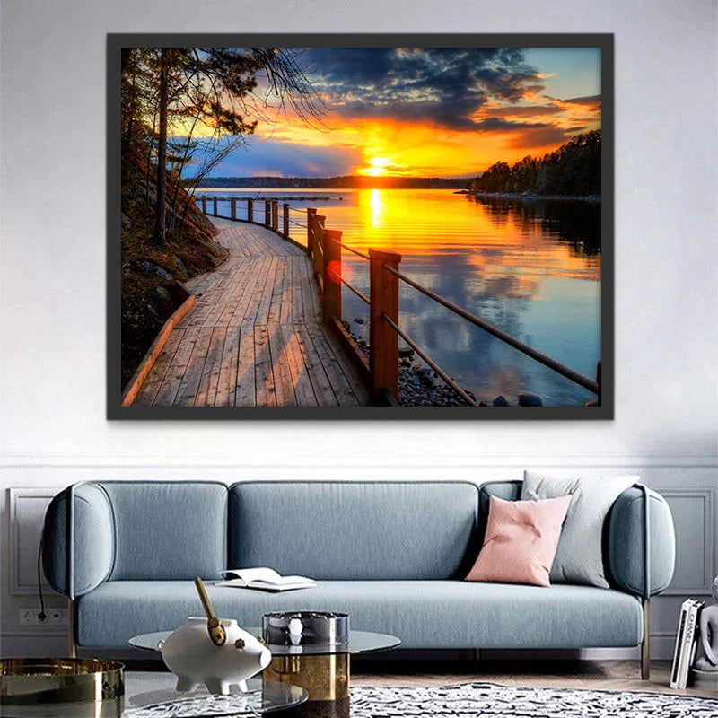 Puente de Madera en Lago al Atardecer Pintar por Números