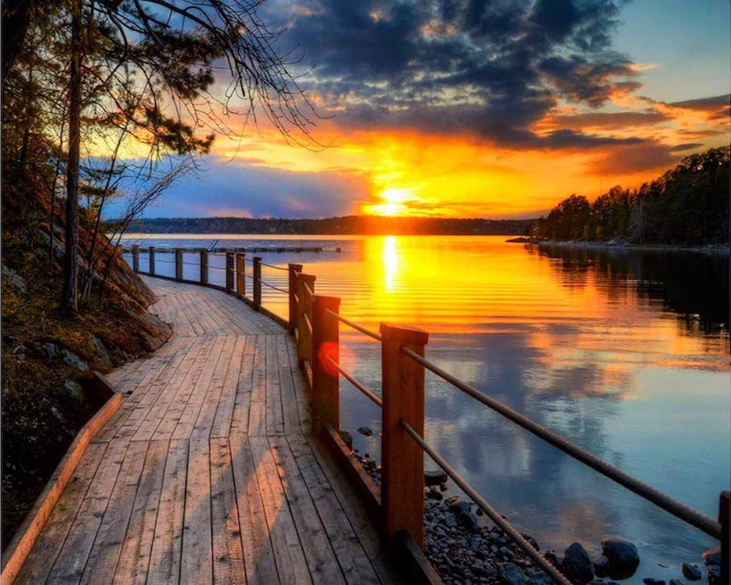 Puente de Madera en Lago al Atardecer Pintar por Números