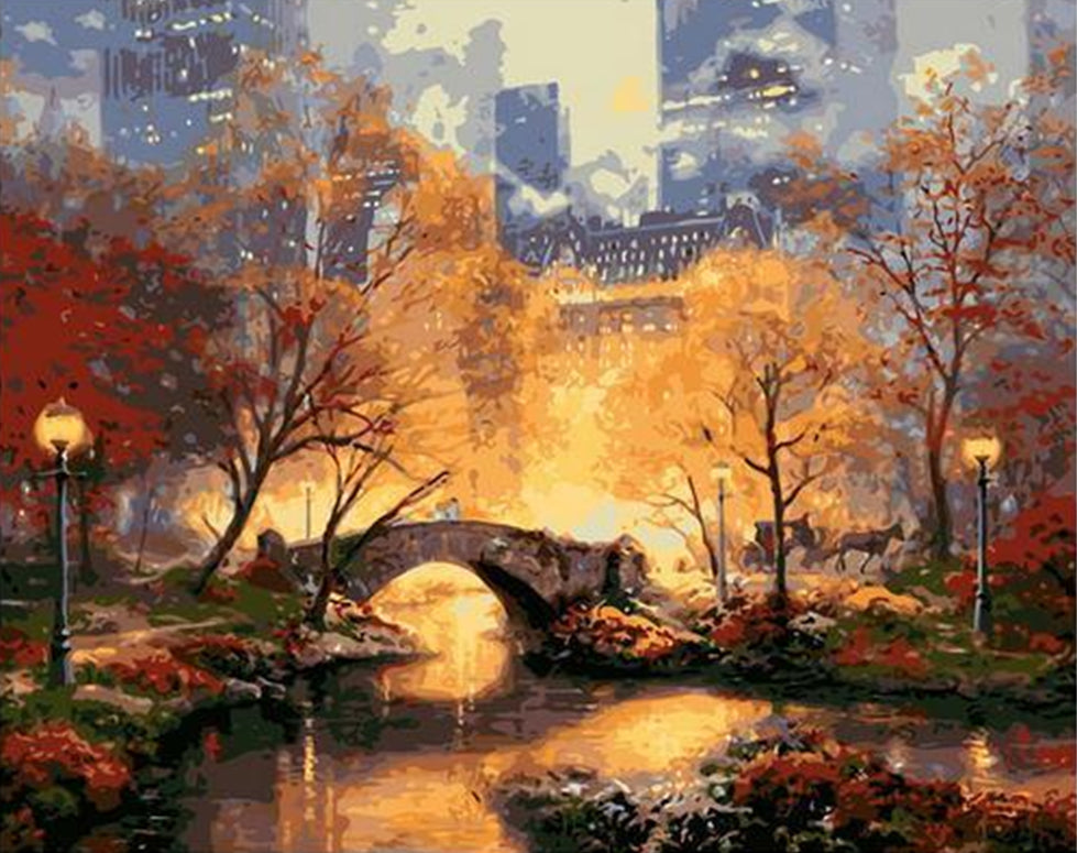 Puente en Parque y Edificios Altos Pintar por Números