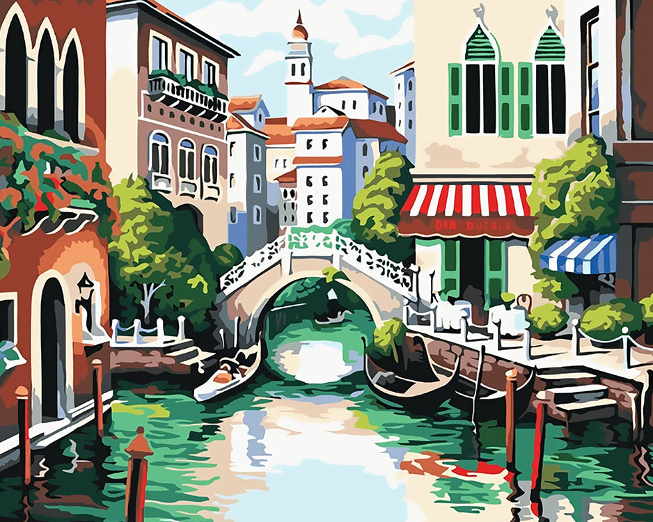Puente sobre Río y Casas en Ambos Lados Pintar por Números