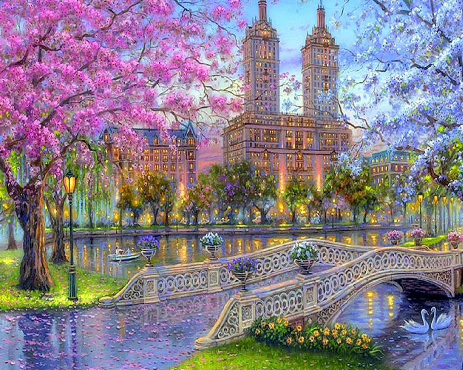 Puente y Árboles en Parque de Ciudad Pintar por Números