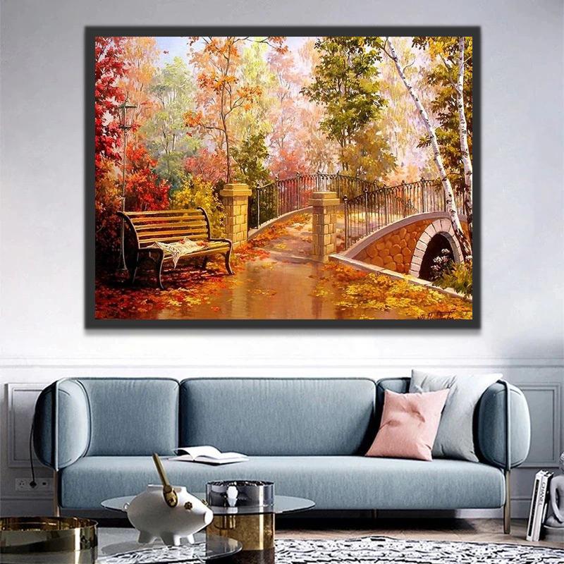 Puente y Banco en el Bosque de Otoño Pintar por Números