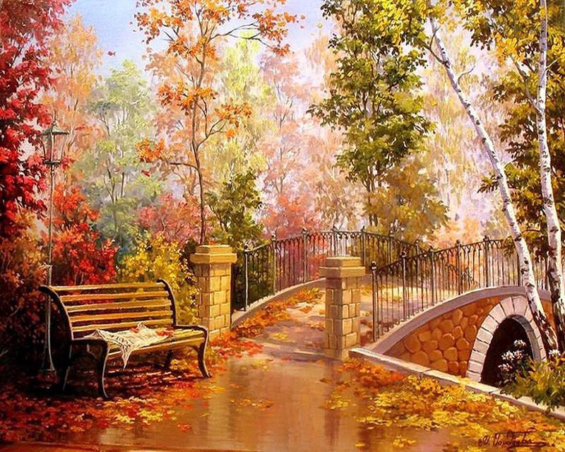 Puente y Banco en el Bosque de Otoño Pintar por Números