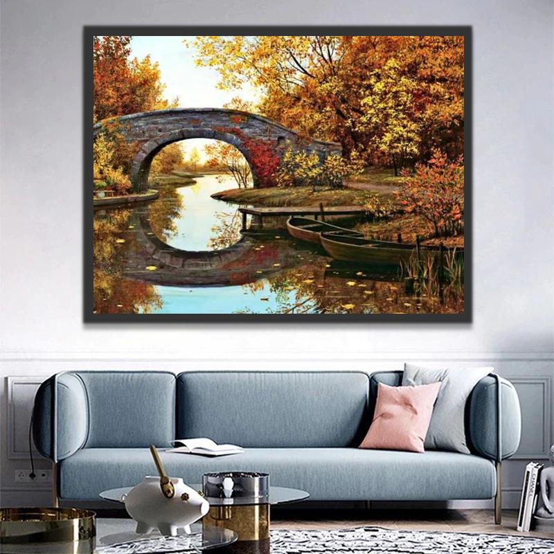 Puente y Barcos en el Río de Otoño Pintar por Números