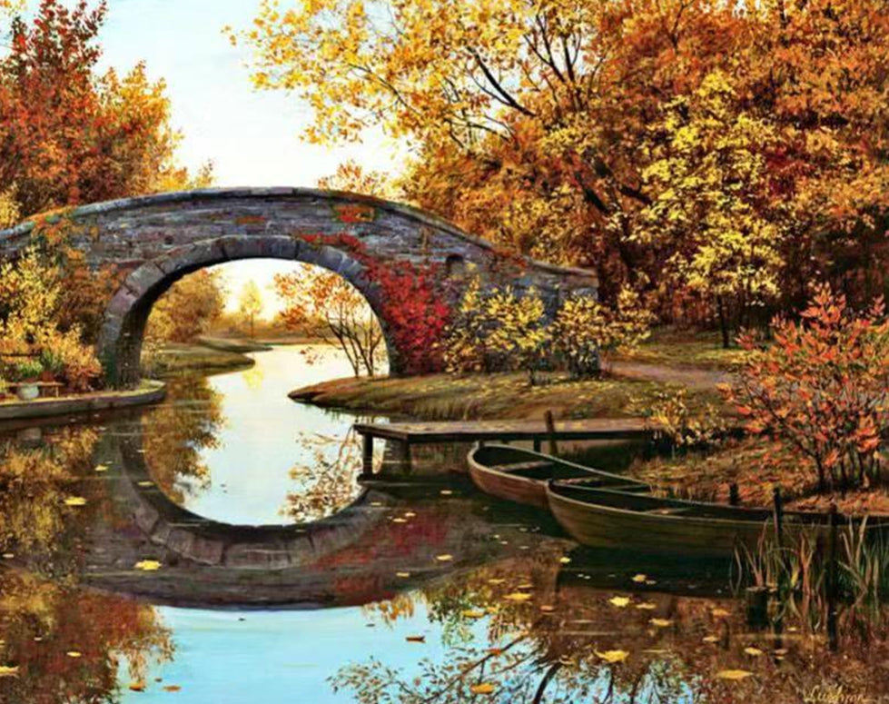 Puente y Barcos en el Río de Otoño Pintar por Números