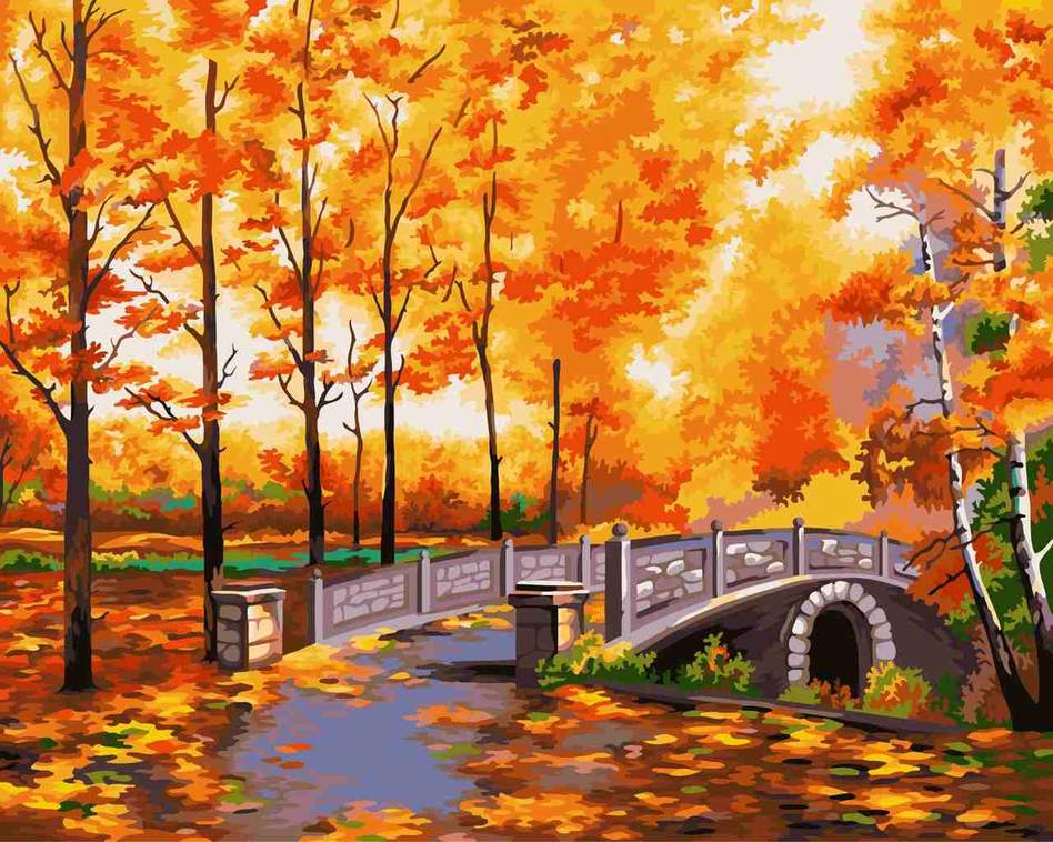 Puente y Hojas en el Bosque del Otoño Pintar por Números
