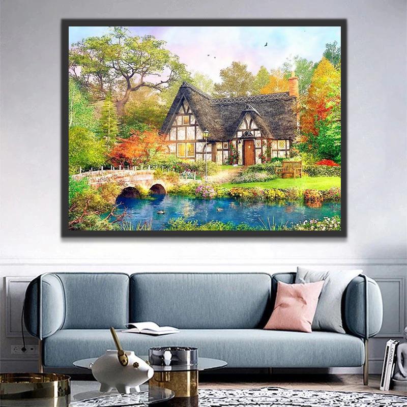 Puente y Río Delante de Casa en Bosque Pintar por Números