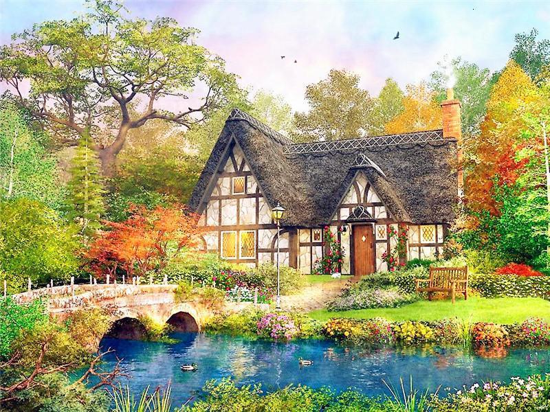 Puente y Río Delante de Casa en Bosque Pintar por Números