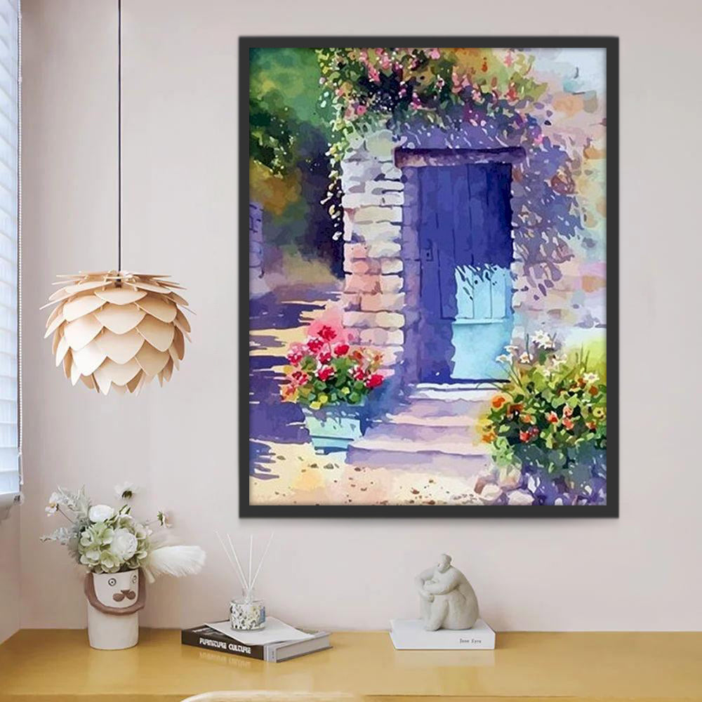 Puerta Azul con Flores al Sol Pintar por Números