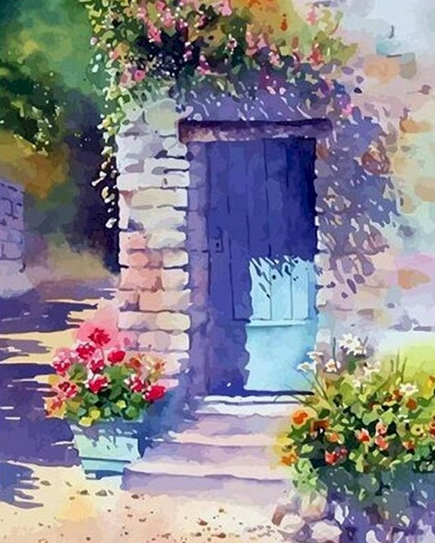 Puerta Azul con Flores al Sol Pintar por Números