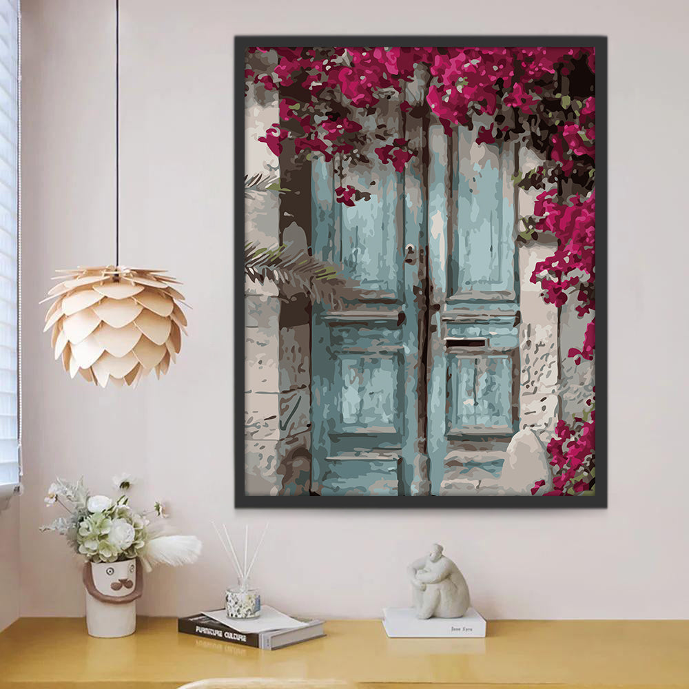 Puerta Azul Rodeada de Flores Moradas Pintar por Números
