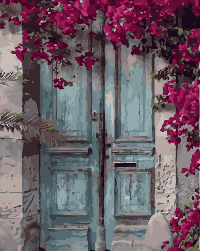 Puerta Azul Rodeada de Flores Moradas Pintar por Números