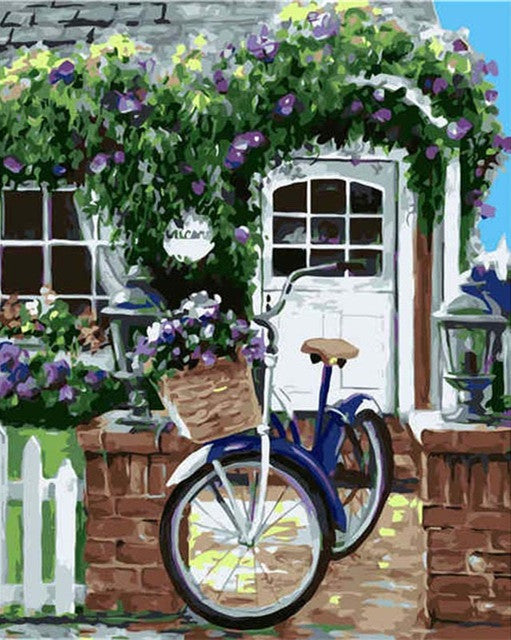 Puerta Blanca y Bicicleta en el Patio Pintar por Números