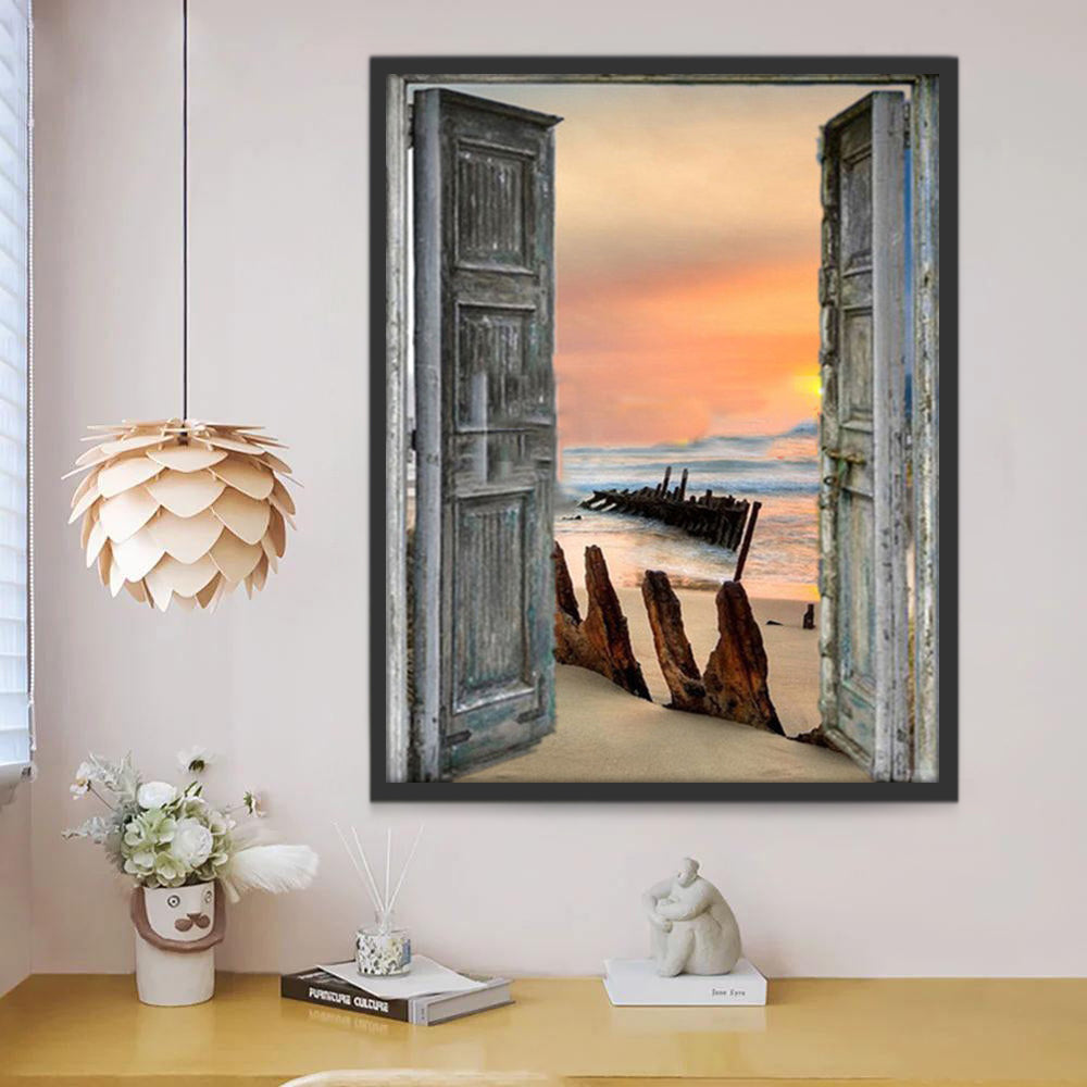 Puerta de Madera y Mar al Atardecer Pintar por Números