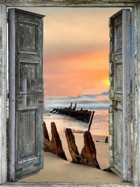 Puerta de Madera y Mar al Atardecer Pintar por Números