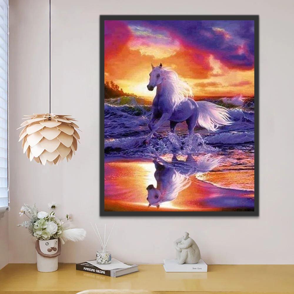 Puesta del Sol y Caballo Corriendo en Olas Marinas Pintar por Números