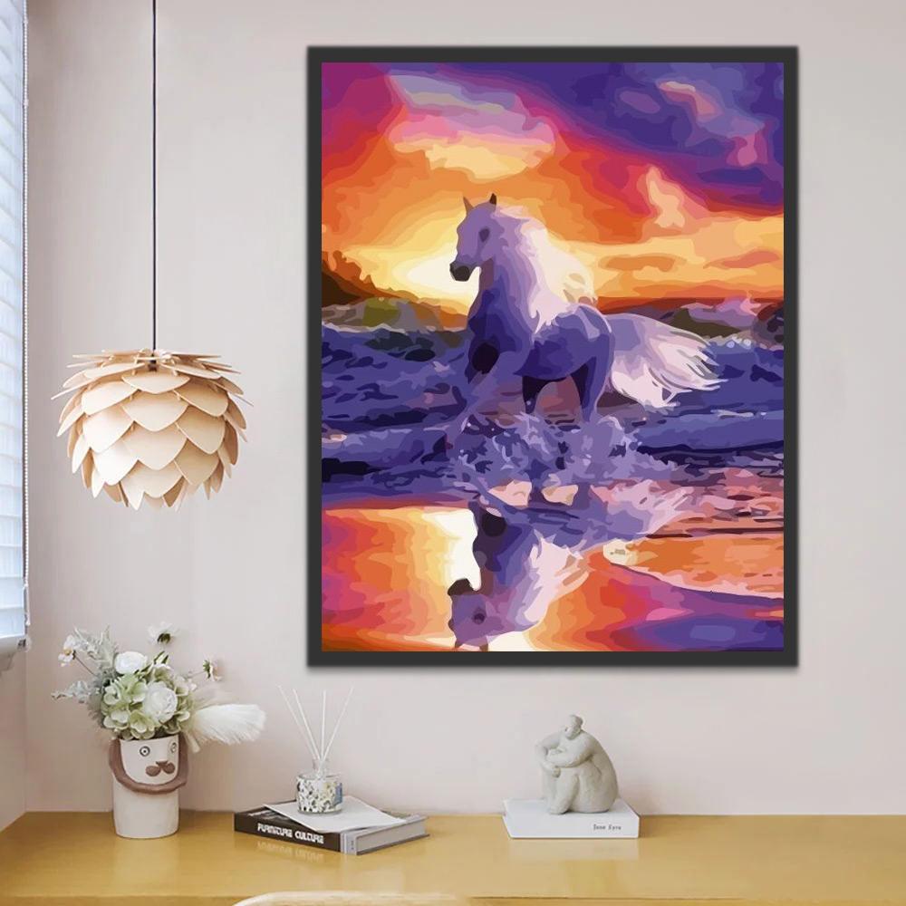 Puesta del Sol y Caballo Morado en Olas Marinas Pintar por Números