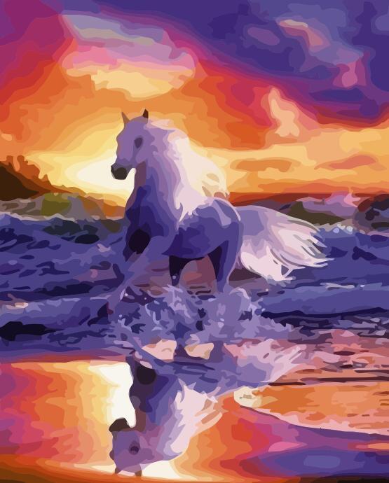 Puesta del Sol y Caballo Morado en Olas Marinas Pintar por Números