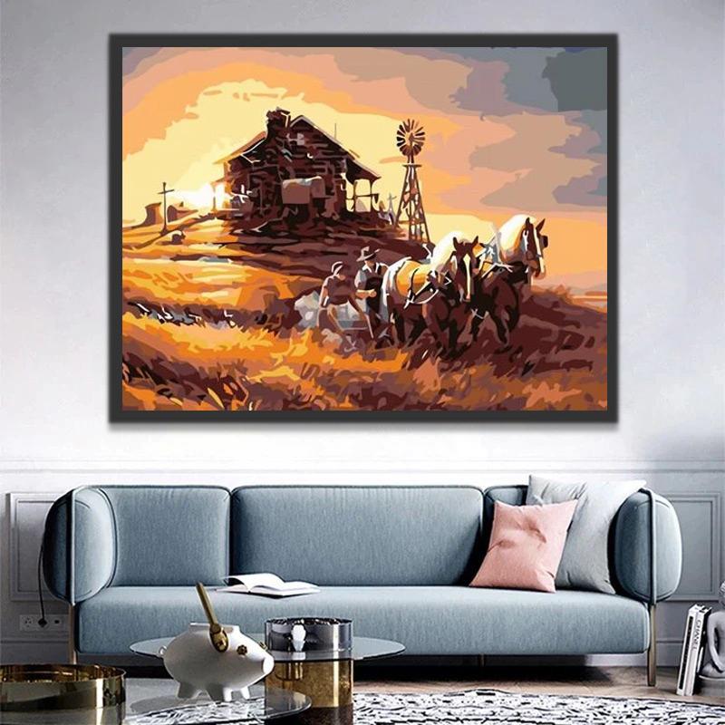 Puesta del Sol y Caballos en el Campo Pintar por Números