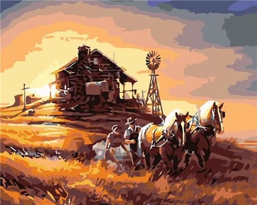 Puesta del Sol y Caballos en el Campo Pintar por Números