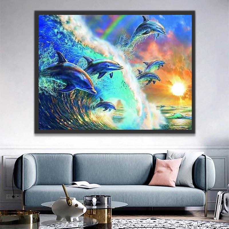 Puesta del Sol y Delfines en Olas Marinas Pintar por Números