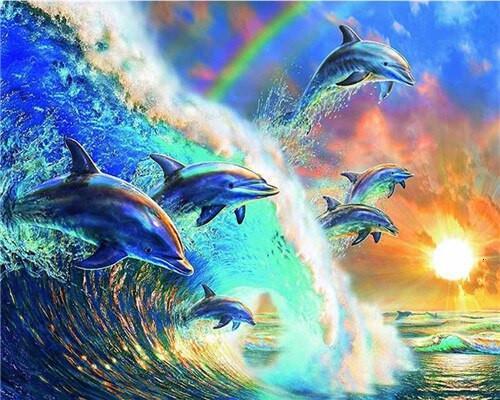 Puesta del Sol y Delfines en Olas Marinas Pintar por Números