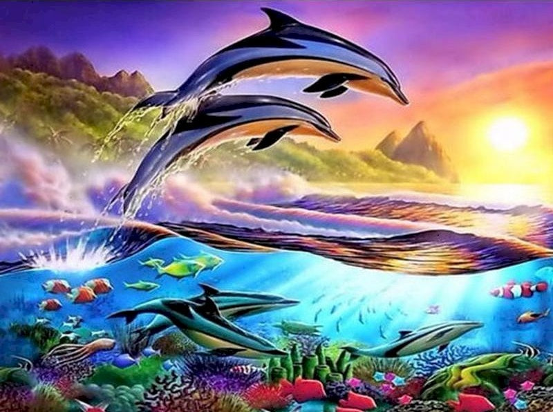 Puesta del Sol y Delfines sobre Agua Pintar por Números