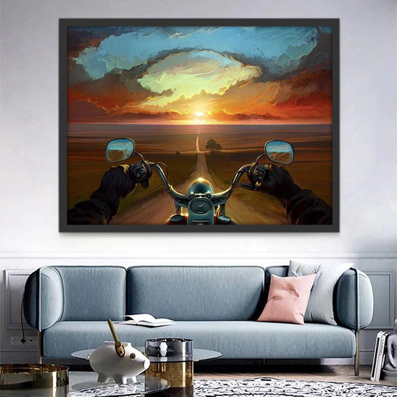 Puesta del Sol y Motocicleta Pintar por Números