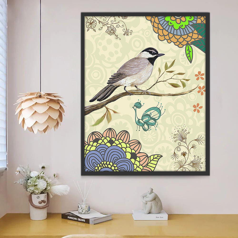 Rama con Pájaro y Hojas Verdes Pintar por Números