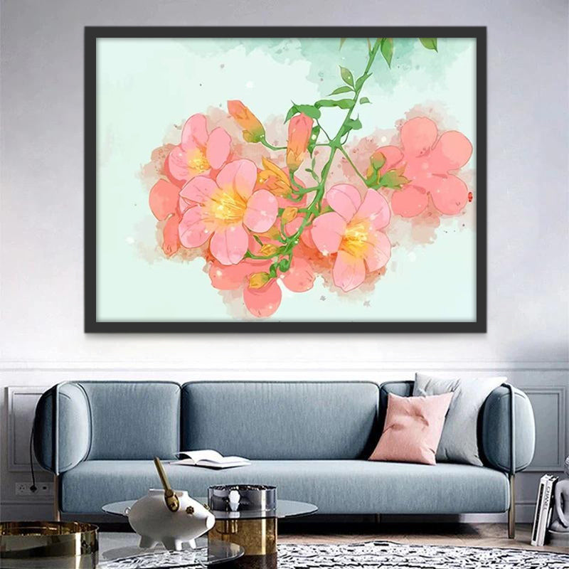 Rama de Flores Rosadas de Estambres Amarillos Pintar por Números