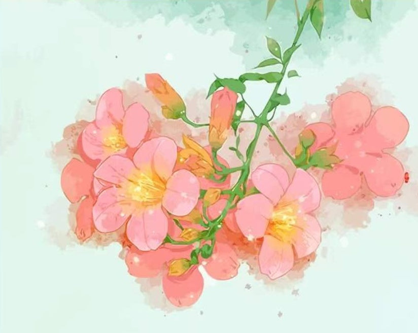 Rama de Flores Rosadas de Estambres Amarillos Pintar por Números