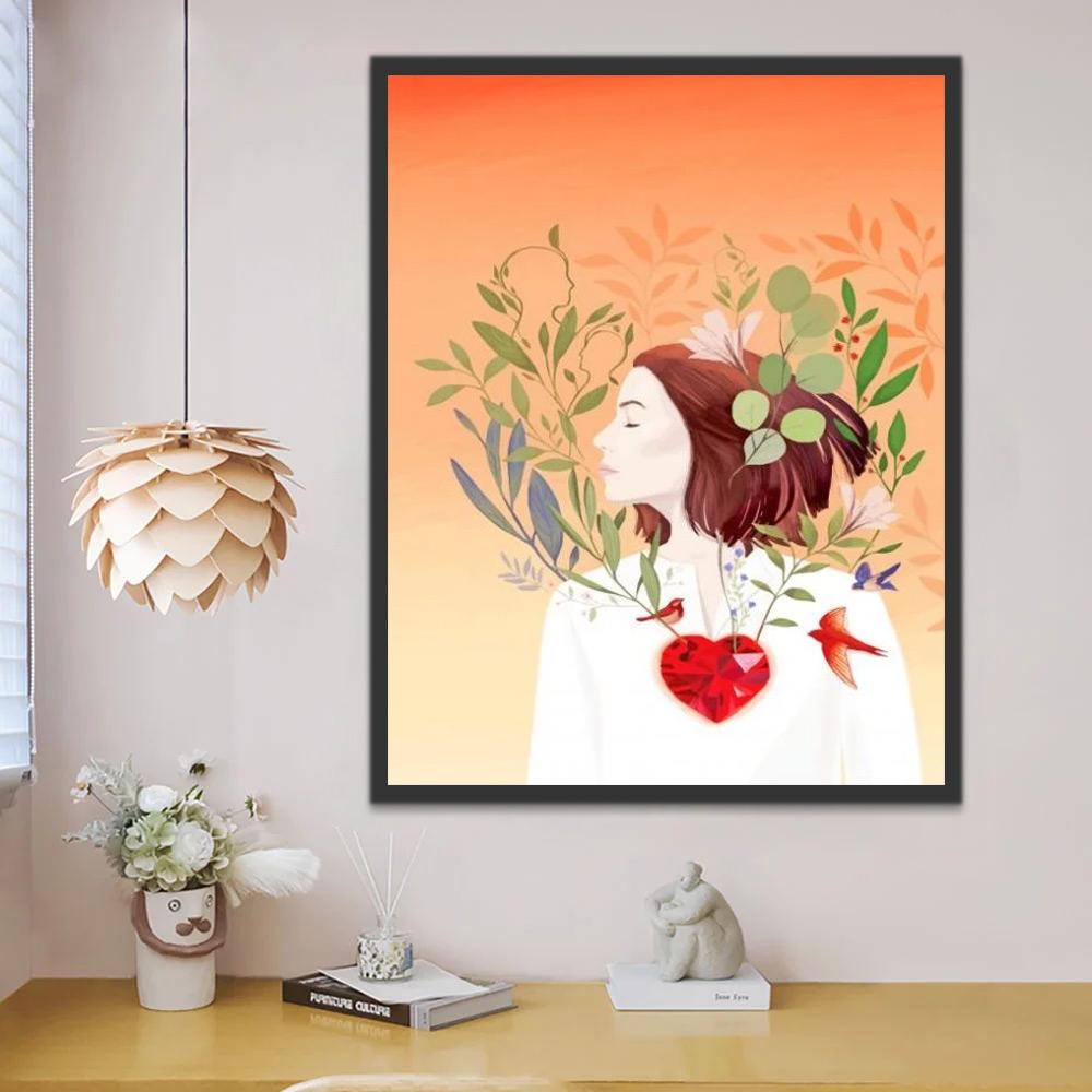 Ramas Verdes Crecidas en Corazón de Mujer Pintar por Números