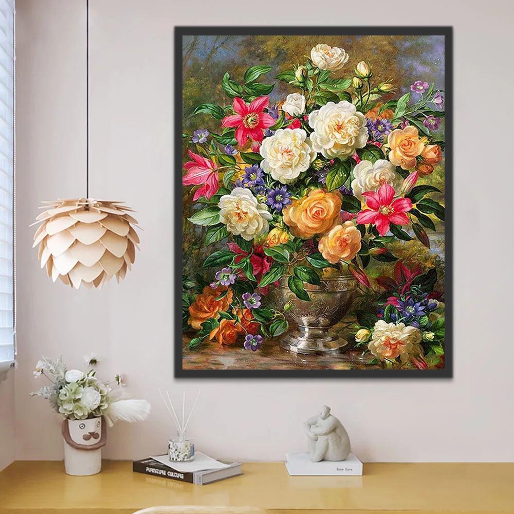 Ramo Bonito de Flores Coloridas en Florero de Plata Pintar por Números