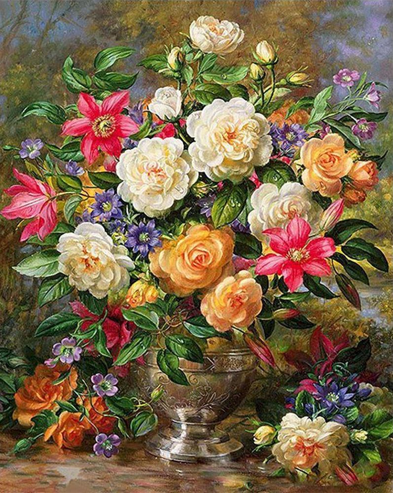 Ramo Bonito de Flores Coloridas en Florero de Plata Pintar por Números