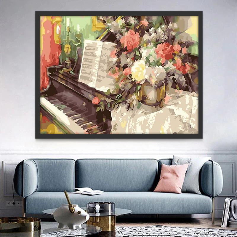 Ramo Bonito de Flores en Florero sobre Piano Pintar por Números