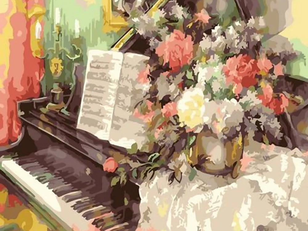 Ramo Bonito de Flores en Florero sobre Piano Pintar por Números