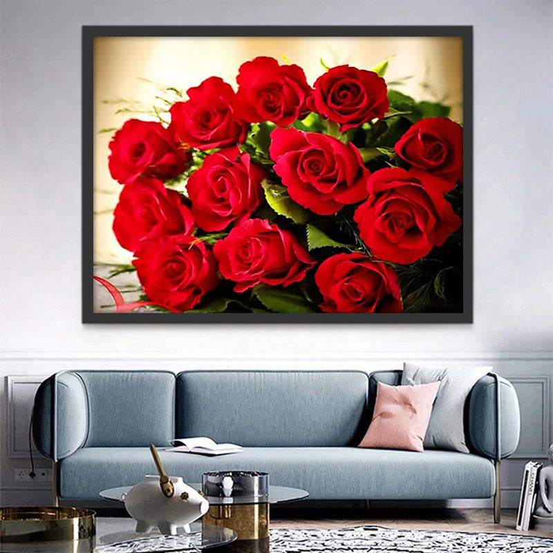 Ramo Bonito de Rosas Rojas con Hojas Verdes Pintar por Números