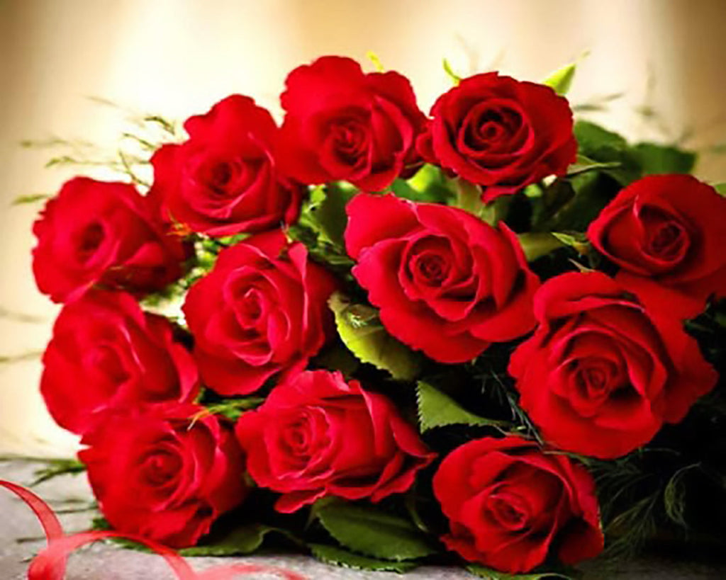 Ramo Bonito de Rosas Rojas con Hojas Verdes Pintar por Números