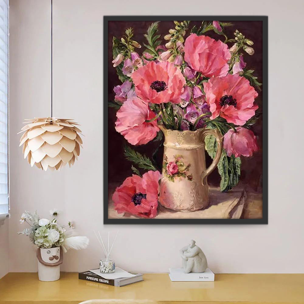 Ramo de Amapolas de Color Rosado en Florero Blanco Pintar por Números