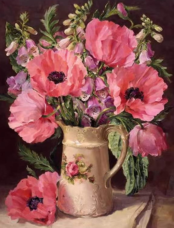 Ramo de Amapolas de Color Rosado en Florero Blanco Pintar por Números