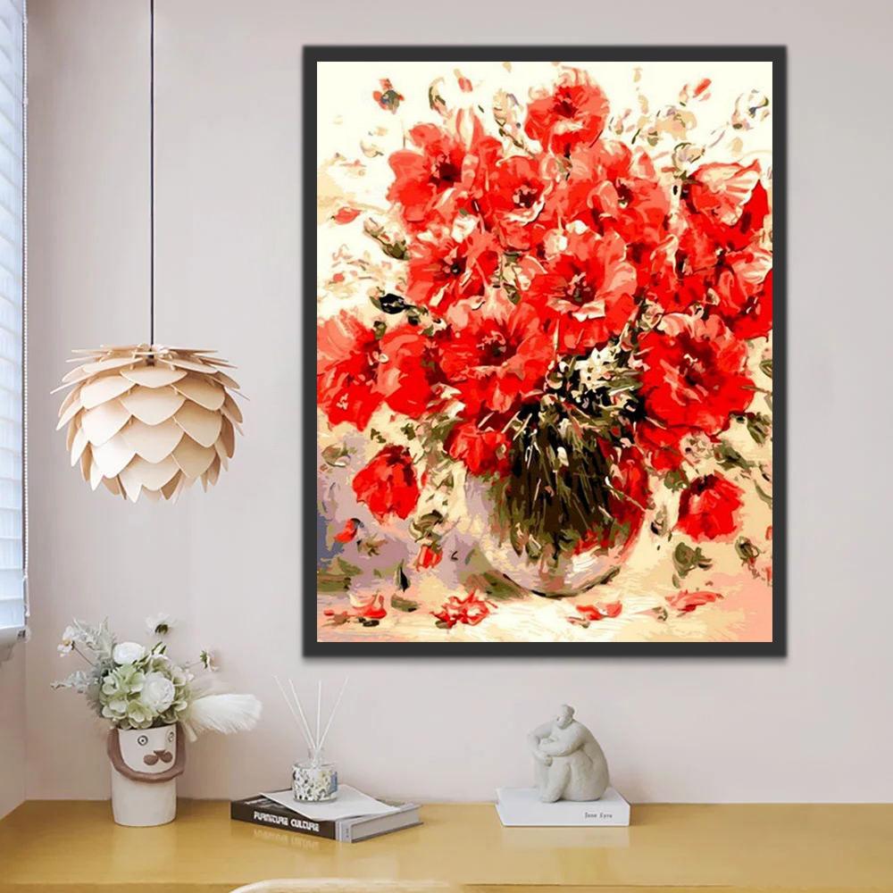 Ramo de Amapolas Rojas Brillantes en Florero de Vidrio Pintar por Números