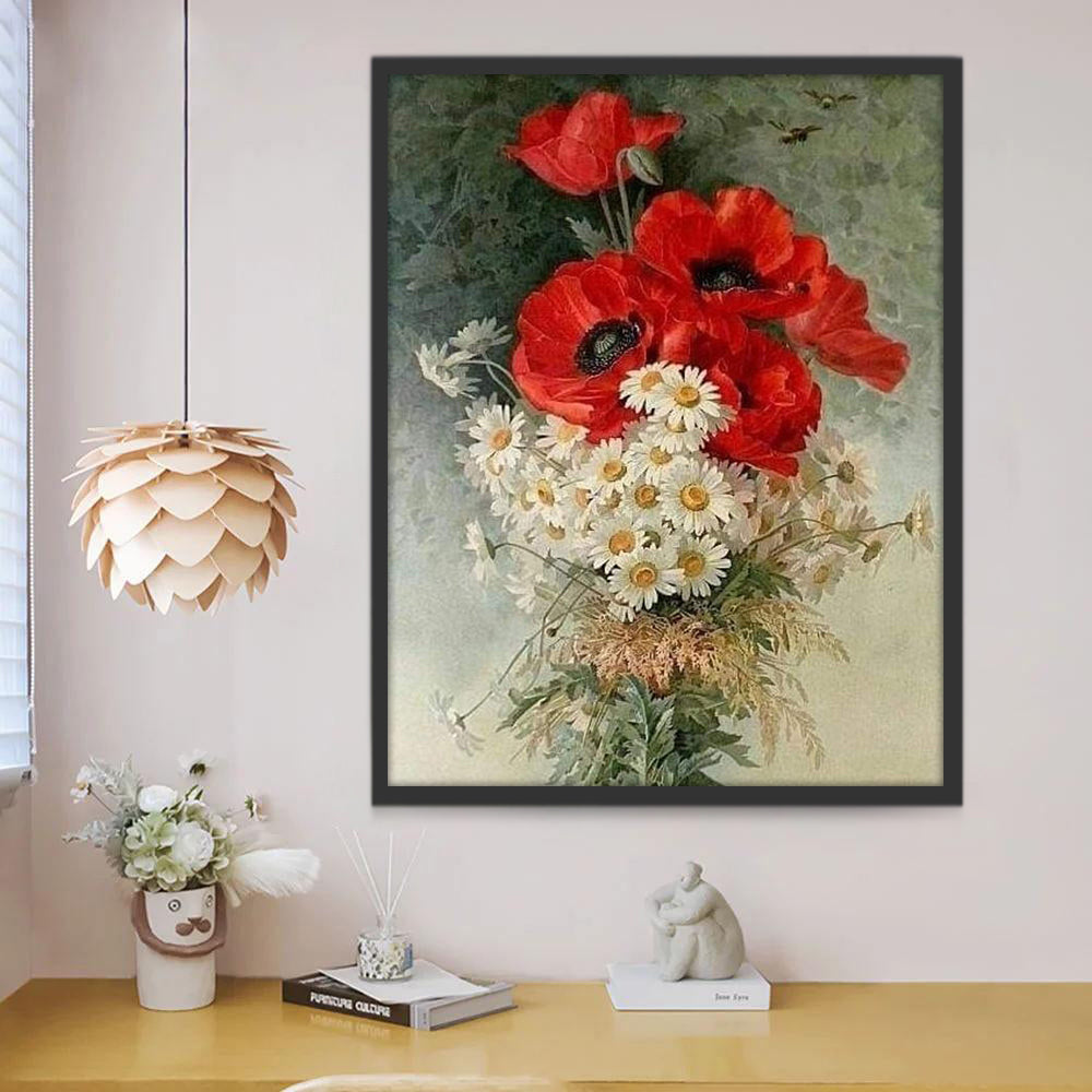 Ramo de Amapolas Rojas y Camomilas con Fondo Verde Pintar por Números