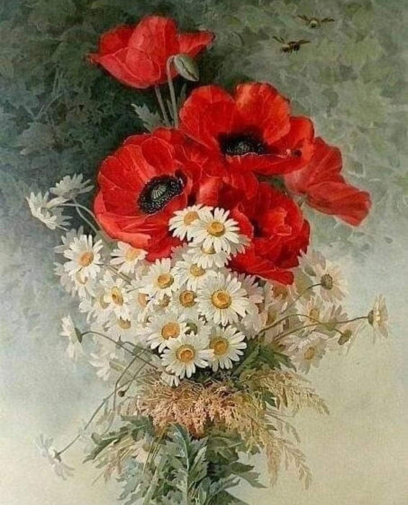 Ramo de Amapolas Rojas y Camomilas con Fondo Verde Pintar por Números