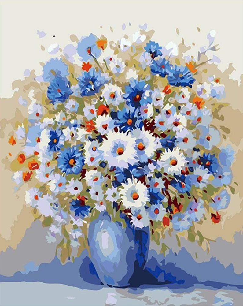 Ramo de Camomilas en Florero Azul Pintar por Números