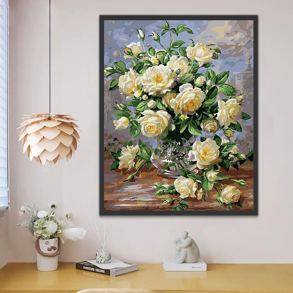Ramo de Flores Blancas en Florero de Plata Pintar por Números